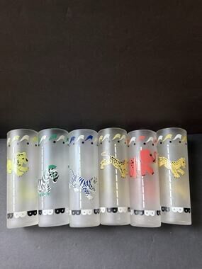 Libby Set (6) Carousel Frosted Circus Merry Go Round Highball Glasses Vintage